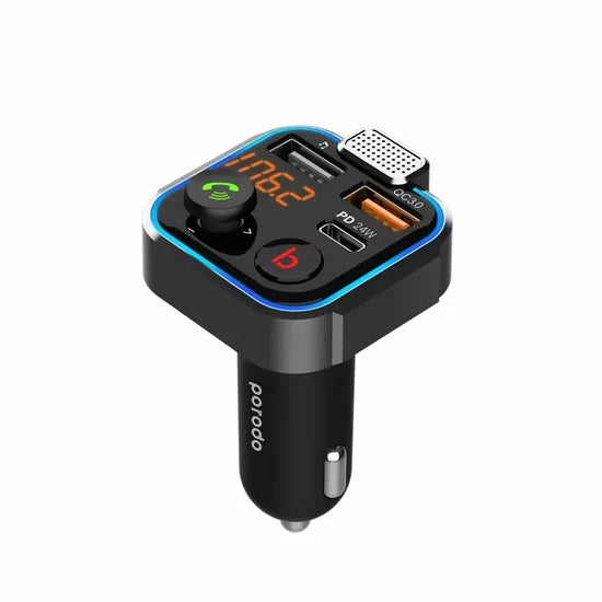 Porodo Smart FM Transmitter – 24W PD Fast Charging, Bluetooth Wireless