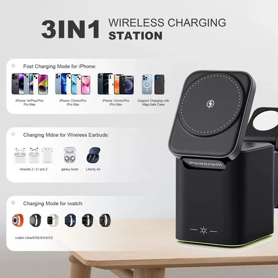 4-in-1 Wireless Magnetic Charger 15W with 100cm Cable | Multi-Device Fast Wireless Charging Station