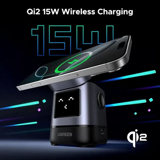 UGREEN Qi2 2-in-1 Wireless Charger – 15W Fast Charging, USB-C, Dual-Device Charging Stand for Smartphone & Wireless Earbuds, Black