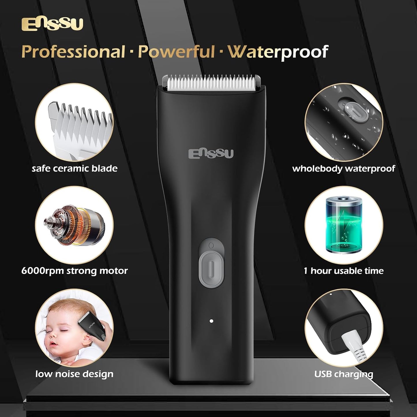 ENSSU Waterproof Cordless Body 8 – 6000 RPM, Ceramic Blade, USB-C Rechargeable