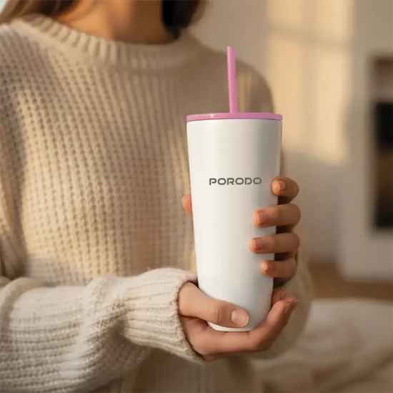 Porodo Stainless Steel Double Wall Tumbler with Lid & Straw Travel Cup, Silver