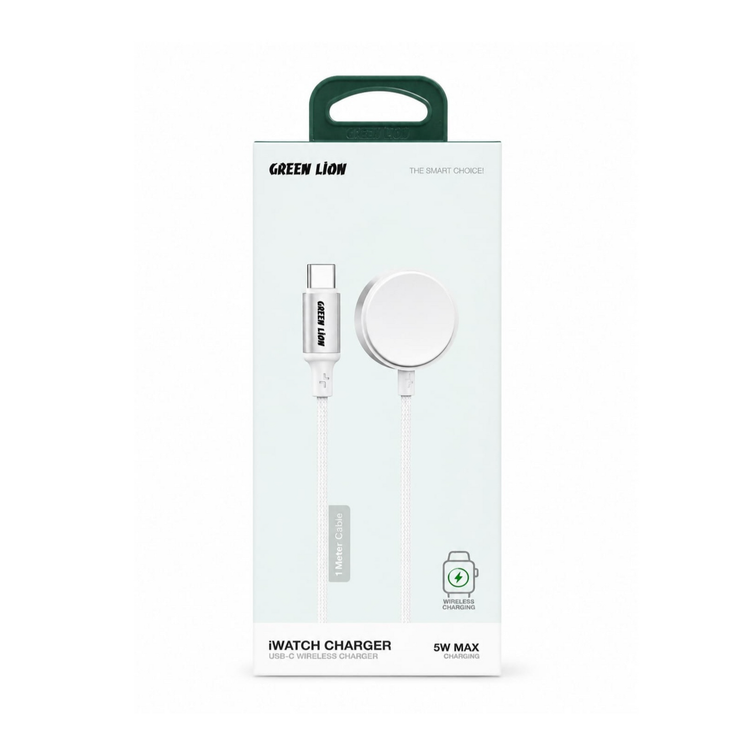 Green Lion Apple Watch magnetic wireless charger with USB-C input, 5W charging output, 1-meter braided cable and durable aluminum alloy design.
شاحن Green Lion مغناطيسي لاسلكي لساعة Apple Watch مع مدخل USB-C، قدرة شحن 5 واط، كابل مضفر بطول 1 متر وهيكل متين من سبائك الألومنيوم.
