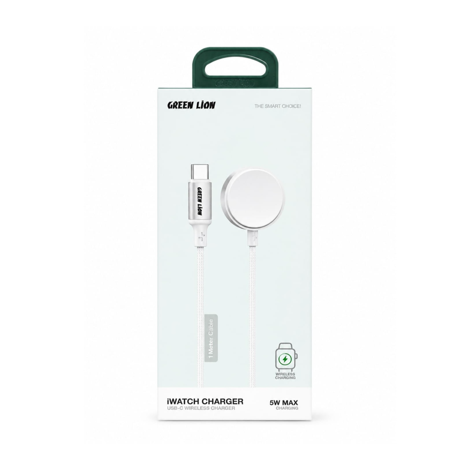 Green Lion Apple Watch magnetic wireless charger with USB-C input, 5W charging output, 1-meter braided cable and durable aluminum alloy design.
شاحن Green Lion مغناطيسي لاسلكي لساعة Apple Watch مع مدخل USB-C، قدرة شحن 5 واط، كابل مضفر بطول 1 متر وهيكل متين من سبائك الألومنيوم.