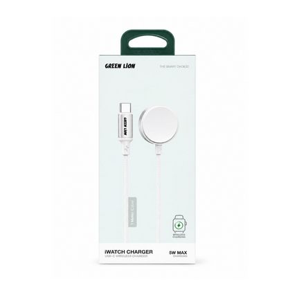 Green Lion Apple Watch magnetic wireless charger with USB-C input, 5W charging output, 1-meter braided cable and durable aluminum alloy design.
شاحن Green Lion مغناطيسي لاسلكي لساعة Apple Watch مع مدخل USB-C، قدرة شحن 5 واط، كابل مضفر بطول 1 متر وهيكل متين من سبائك الألومنيوم.