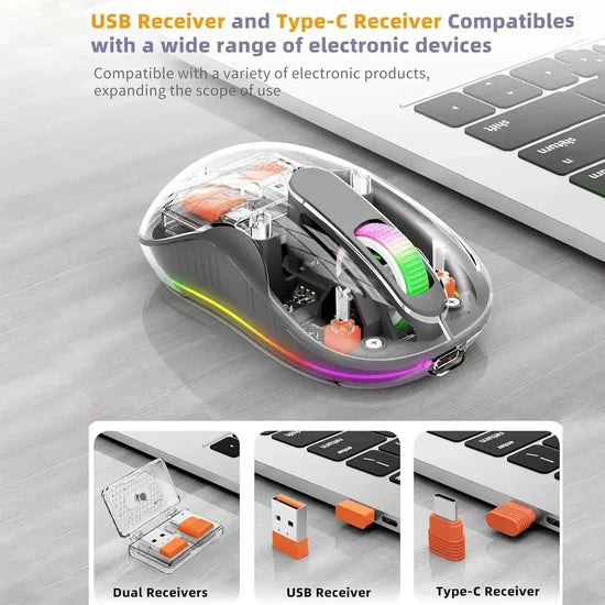 Coteci Dual Receiver Wireless Mouse – Transparent Crystal Finish, Ergonomic & Portable