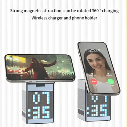 Pixel Bluetooth Speaker with 15W Wireless Charger & RGB Clock Display – Black | Multifunctional Wireless Bluetooth Speaker