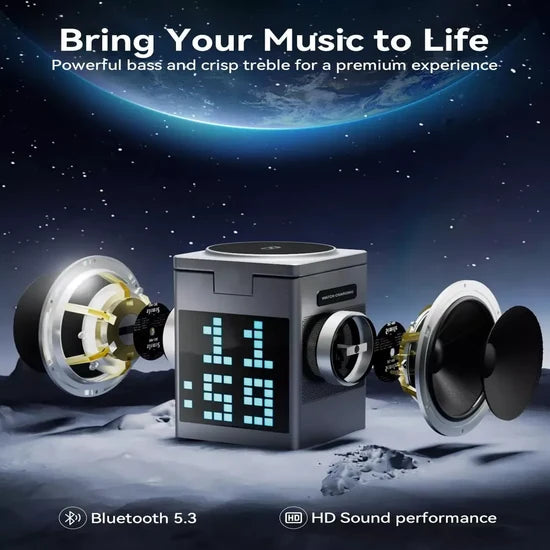Pixel Bluetooth Speaker with 15W Wireless Charger & RGB Clock Display – Black | Multifunctional Wireless Bluetooth Speaker