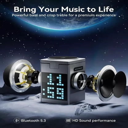 Pixel Bluetooth Speaker with 15W Wireless Charger & RGB Clock Display – Black | Multifunctional Wireless Bluetooth Speaker