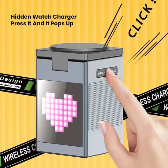 Pixel Bluetooth Speaker with 15W Wireless Charger & RGB Clock Display – Black | Multifunctional Wireless Bluetooth Speaker