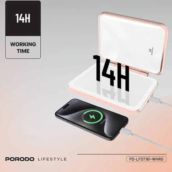Porodo Power Bank Makeup Mirror 5000mAh – LED Light with 1X/5X