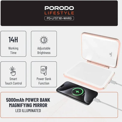 Porodo Power Bank Makeup Mirror 5000mAh – LED Light with 1X/5X