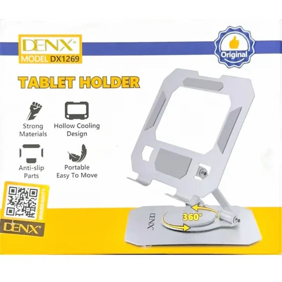 DENX Adjustable Tablet Stand – 360° Rotatable, Foldable, Anti-Slip Desktop Holder, Black