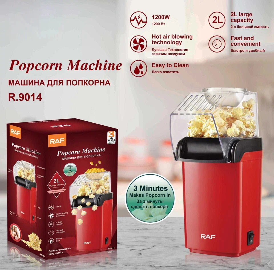 RAF R.9014 Popcorn Machine 1200W hot air popcorn maker with 2L capacity, oil-free popping, one-touch operation and compact design
آلة صنع الفشار RAF R.9014 بقوة 1200 واط وتقنية الهواء الساخن، سعة 2 لتر، تحضير فشار بدون زيت، تشغيل بلمسة واحدة وتصميم مدمج