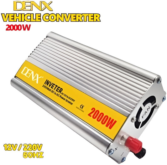 DENX DX129 2000W car power inverter, 12V DC to 220V AC Pure Sine Wave converter with USB charging, digital display and cooling fan.
محول كهرباء السيارة DENX DX129 بقدرة 2000 واط لتحويل 12V DC إلى 220V AC، موجة جيبية نقية، منفذ USB، شاشة رقمية ومروحة تبريد.