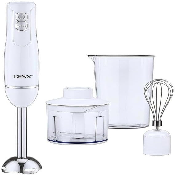DENX DX3211 4-in-1 400W electric hand blender with 500ml chopper, 700ml measuring cup and stainless steel whisk
خلاط يدوي كهربائي DENX DX3211 متعدد الوظائف 4 في 1 بقدرة 400 واط مع مفرمة 500 مل وكوب قياس 700 مل ومضرب ستانلس ستيل