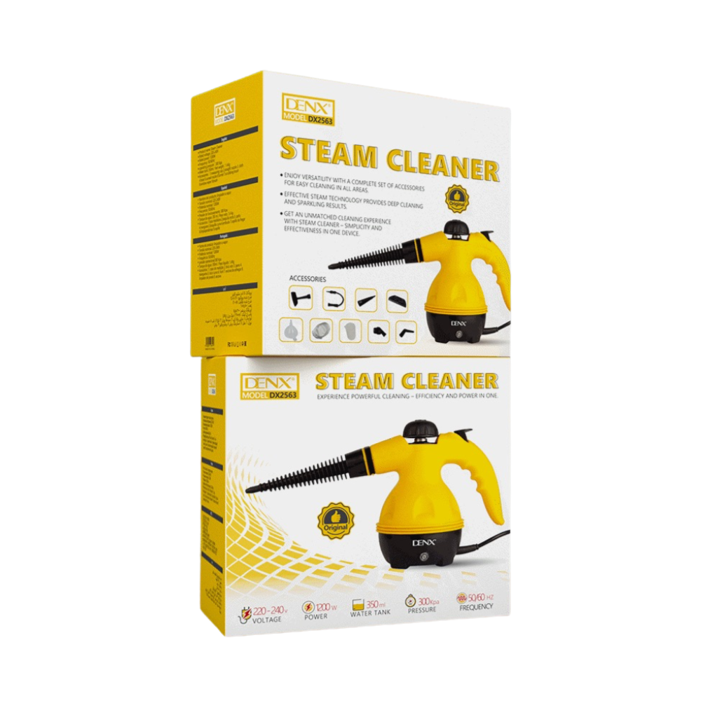 Denx 1200W handheld steam cleaner with 350ml water tank and 9 accessories for kitchen, bathroom, car, windows and household cleaning.
منظف بخاري محمول Denx بقوة 1200 واط مع خزان مياه 350 مل و9 ملحقات لتنظيف المطبخ والحمام والسيارة والنوافذ والأسطح المنزلية.