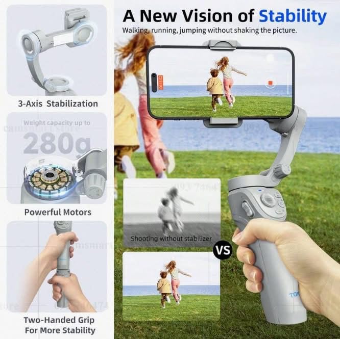 TOKQI M01 3-Axis Smartphone Gimbal Stabilizer with Smart Face Tracking, Fill Light & Foldable Tripod – Anti-Shake Handheld