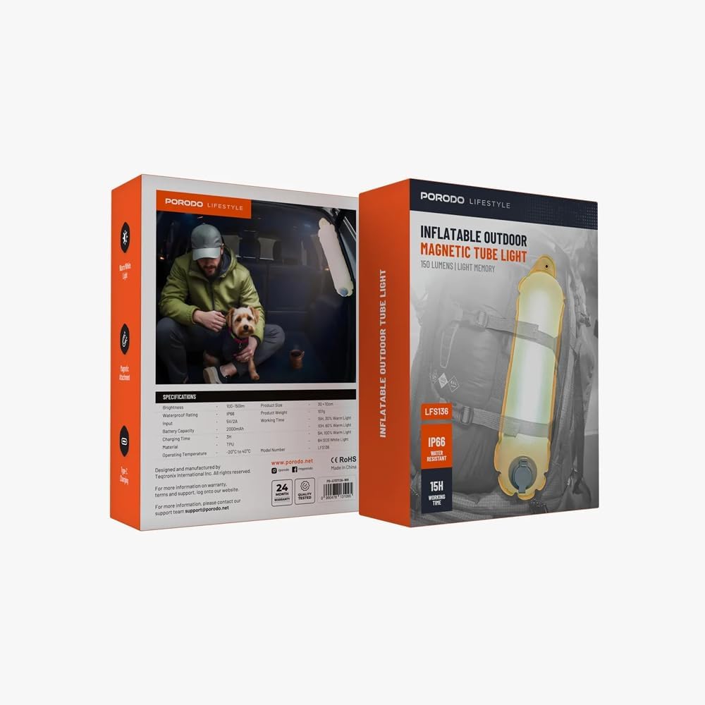 Porodo inflatable outdoor magnetic tube light with 150 lumens, warm and white LED modes, portable design, TPU construction and magnetic mounting for camping and emergencies.
مصباح Porodo أنبوبي خارجي قابل للنفخ بقاعدة مغناطيسية، سطوع 150 لومن، إضاءة LED دافئة وبيضاء، تصميم محمول ومادة TPU للتخييم والطوارئ