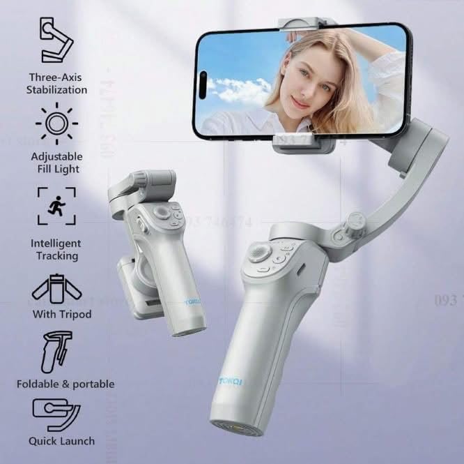 TOKQI M01 3-Axis Smartphone Gimbal Stabilizer with Smart Face Tracking, Fill Light & Foldable Tripod – Anti-Shake Handheld