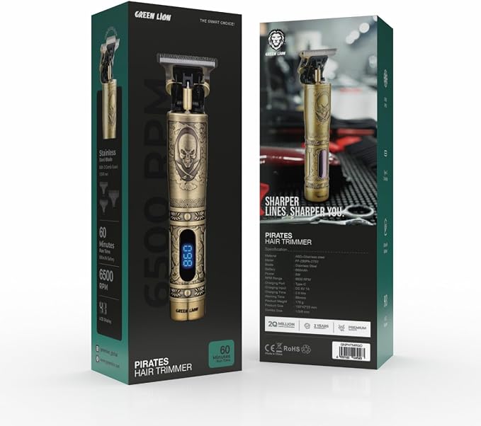 Green Lion Pirates hair trimmer in gold with 600mAh rechargeable battery and 6500RPM high-speed motor for precise cordless grooming.

ماكينة تشذيب الشعر Green Lion Pirates باللون الذهبي مع بطارية قابلة لإعادة الشحن 600mAh ومحرك عالي السرعة 6500 دورة/دقيقة للتشذيب اللاسلكي الدقيق.
