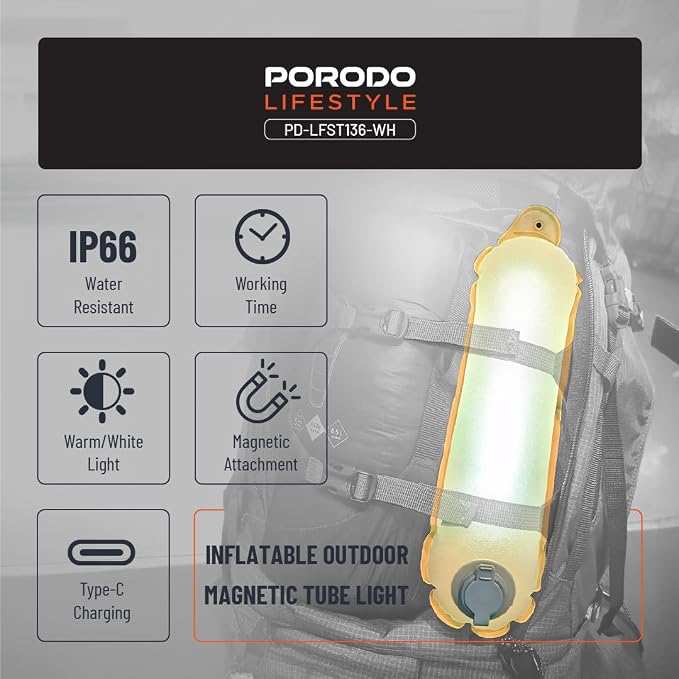 Porodo Inflatable Outdoor Magnetic Tube Light – 150 Lumens, Warm