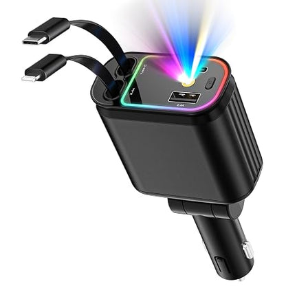 ALIANSHENG 4-in-1 66W retractable USB-C car charger with 80cm cable, 180° adjustable design, starry ambient light and smart safety protection.
شاحن سيارة ALIANSHENG ‏4 في 1 بقدرة 66 واط مع كابل USB-C قابل للسحب بطول 80 سم، تصميم قابل للتعديل 180 درجة، إضاءة نجوم وحماية ذكية.