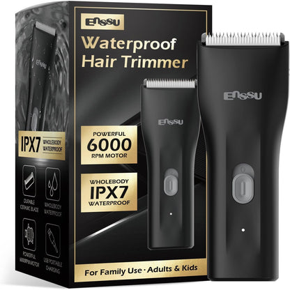 ENSSU waterproof cordless body hair trimmer with 6000 RPM motor, BLADELOCK ceramic blades, USB-C rechargeable 500mAh battery and guide combs.
ماكينة تشذيب شعر الجسم ENSSU لاسلكية ومقاومة للماء بمحرك 6000 دورة/دقيقة، شفرات سيراميك BLADELOCK، بطارية 500 مللي أمبير قابلة للشحن عبر USB-C وأمشاط توجيه.