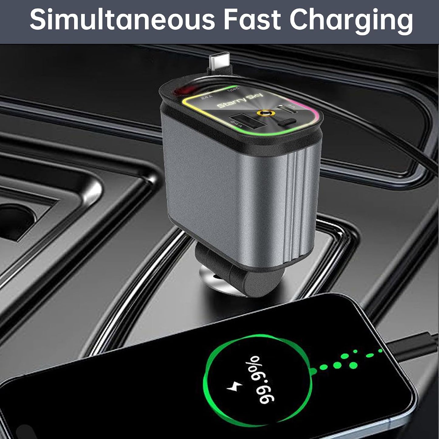4-in-1 Retractable Car Charger 66W – USB-C Fast Car Charger with Starry Sky Light
