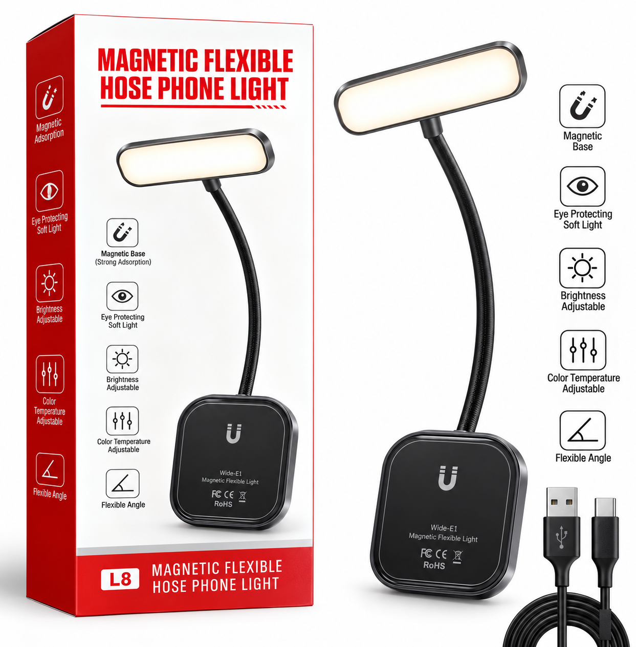 L8 Magnetic Flexible Hose Phone Fill Light.L8 magnetic LED selfie fill light for smartphone
مصباح L8 مغناطيسي مرن للهاتف لتعبئة الإضاءة.مصباح LED مغناطيسي L8 للسيلفي للهواتف الذكية