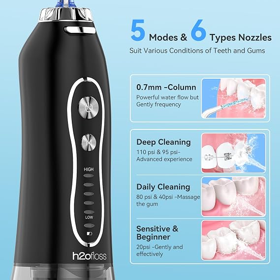 H2ofloss 2-in-1 Water Flosser & Electric Toothbrush -BPA-Free – Black