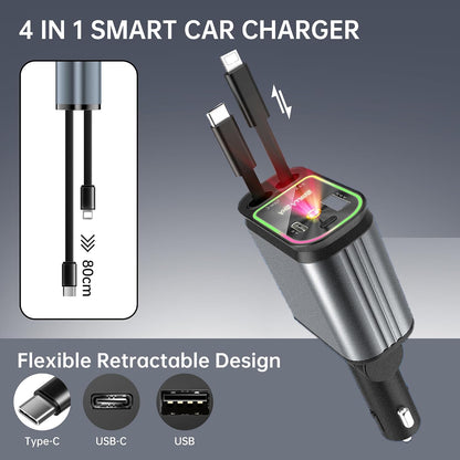 4-in-1 Retractable Car Charger 66W – USB-C Fast Car Charger with Starry Sky Light