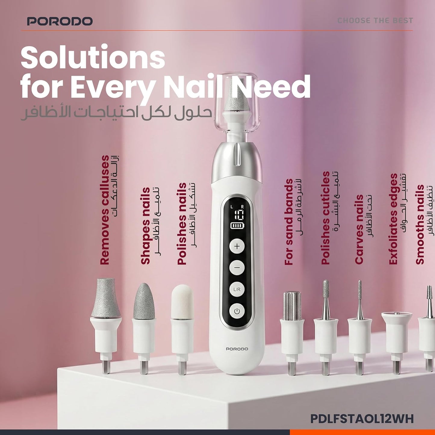 Porodo 8-in-1 Rechargeable Electric Nail Drill – 10-Speed Levels, 3H Working Time, 4500RPM Motor
