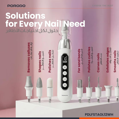 Porodo 8-in-1 Rechargeable Electric Nail Drill – 10-Speed Levels, 3H Working Time, 4500RPM Motor