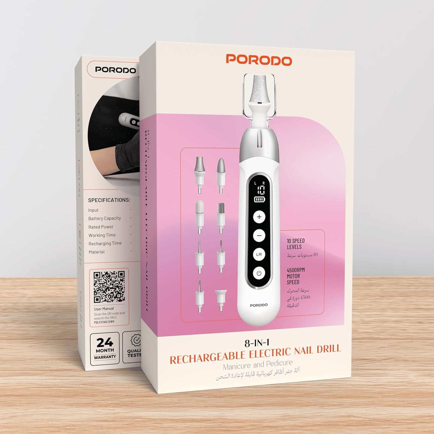 Porodo 8-in-1 rechargeable electric nail drill with 4500RPM motor
جهاز حفر أظافر كهربائي Porodo 8 في 1 قابل لإعادة الشحن بمحرك بسرعة 4500 دورة في الدقيقة للعناية بالأظافر والمانيكير والباديكير