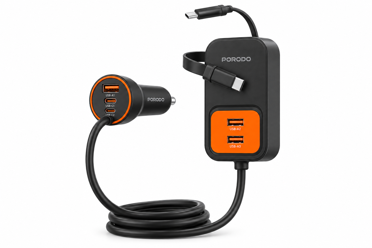Porodo ENZO Multi-Port Car Charger 135W with Dual 70cm Retractable Cables