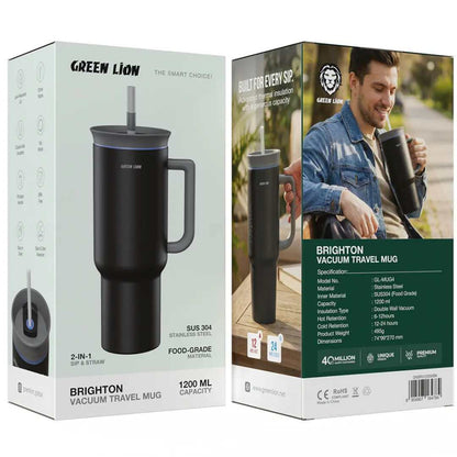 Green Lion Brighton 1200mL Vacuum Travel Mug with SUS304 Stainless Steel, Double-Wall Insulation, Straw and Sip Lid
كوب السفر الحراري Green Lion Brighton بسعة 1200 مل من الستانلس ستيل SUS304 مع عزل مزدوج وغطاء للشرب بالمصاصة أو الرشف
