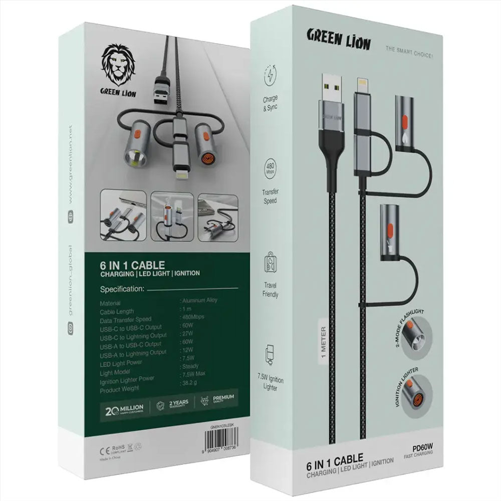 Green Lion 6-in-1 Cable PD 60W with LED Light & Ignition
