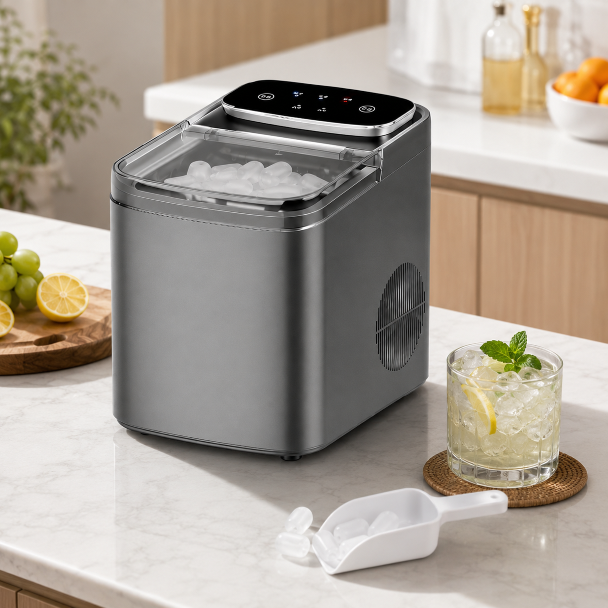 ArcticFlow Smart Ice Maker with fast ice production, touch-screen controls and automatic self-cleaning for home, office and parties.
ماكينة صنع الثلج الذكية ArcticFlow بإنتاج سريع للثلج ولوحة تحكم تعمل باللمس ووظيفة تنظيف ذاتي تلقائي للمنزل والمكتب والحفلات.