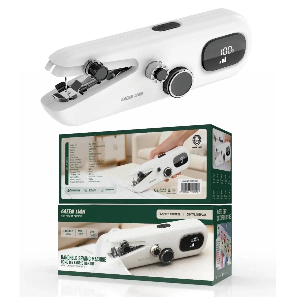 Green Lion Handheld Sewing Machine with 2000mAh rechargeable battery, USB-C fast charging, 3 stitching speeds, LED light and portable cordless design
ماكينة خياطة محمولة Green Lion ببطارية قابلة لإعادة الشحن 2000mAh، شحن سريع USB-C، 3 سرعات للخياطة، إضاءة LED وتصميم لاسلكي خفيف الوزن