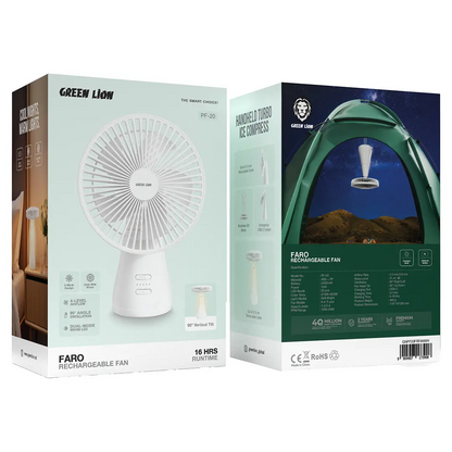 Green Lion Faro Rechargeable Fan with 3000mAh Battery, 3 Speeds, USB-C Charging, 150° Oscillation and Adjustable Head
مروحة Green Lion Faro قابلة لإعادة الشحن ببطارية 3000mAh و3 سرعات وشحن USB-C ودوران 150° ورأس قابل للتعديل