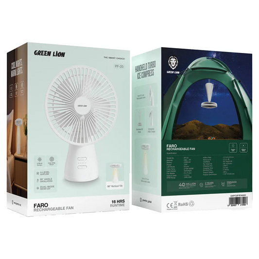 Green Lion Faro Rechargeable Fan with 3000mAh Battery, 3 Speeds, USB-C Charging, 150° Oscillation and Adjustable Head
مروحة Green Lion Faro قابلة لإعادة الشحن ببطارية 3000mAh و3 سرعات وشحن USB-C ودوران 150° ورأس قابل للتعديل