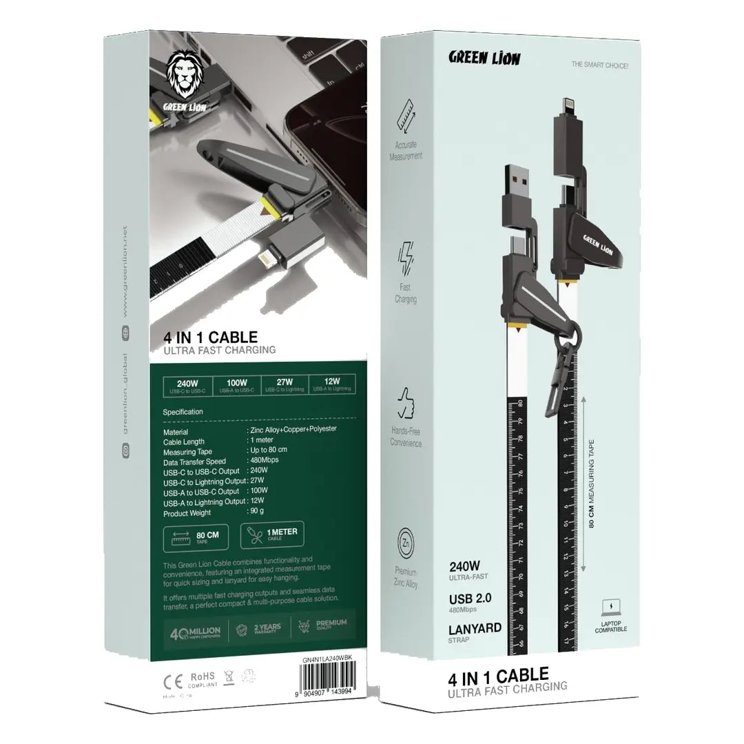 Green Lion 4-in-1 Ultra Fast Charging Cable.Green Lion 4-in-1 multi connector fast charging cable
كابل Green Lion للشحن السريع 4 في 1
كابل Green Lion متعدد الموصلات للشحن السريع