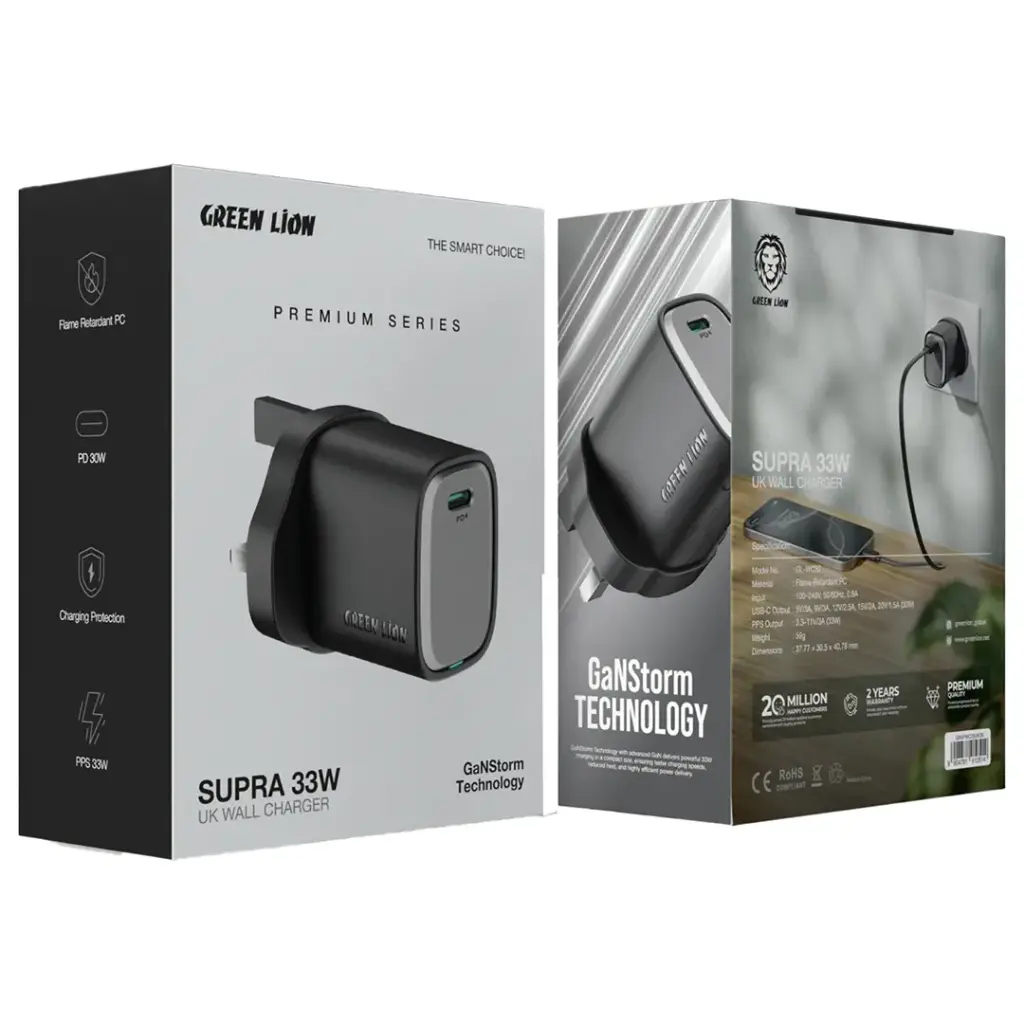 Green Lion Supra 33W UK Wall Charger with Fast Charging and Compact UK Plug Design
شاحن حائط Green Lion Supra بقوة 33 واط UK مع شحن سريع وتصميم قابس بريطاني مدمج