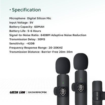 Green Lion 3-in-1 Wireless Microphone – Black | Portable Professional Lavalier Mic for Vlogging, Streaming