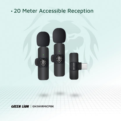 Green Lion 3-in-1 Wireless Microphone – Black | Portable Professional Lavalier Mic for Vlogging, Streaming