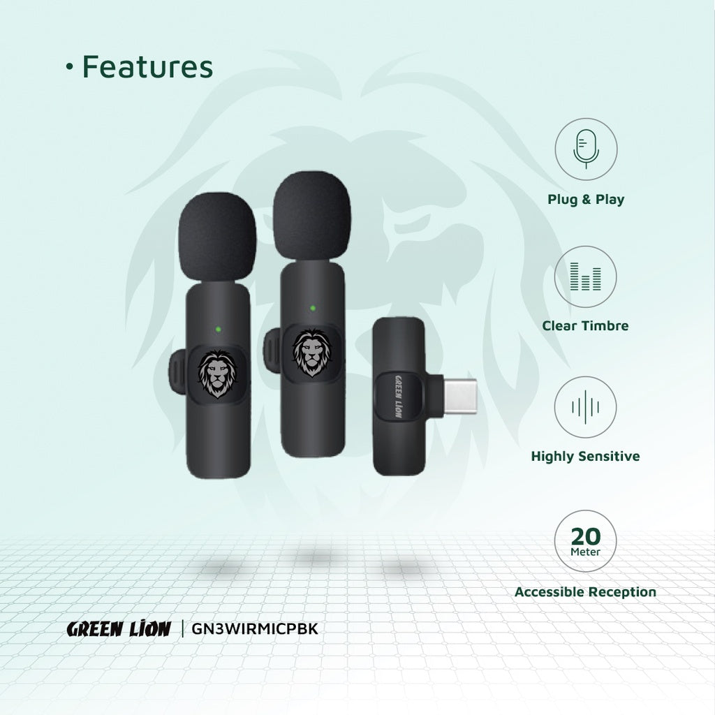 Green Lion 3-in-1 Wireless Microphone – Black | Portable Professional Lavalier Mic for Vlogging, Streaming