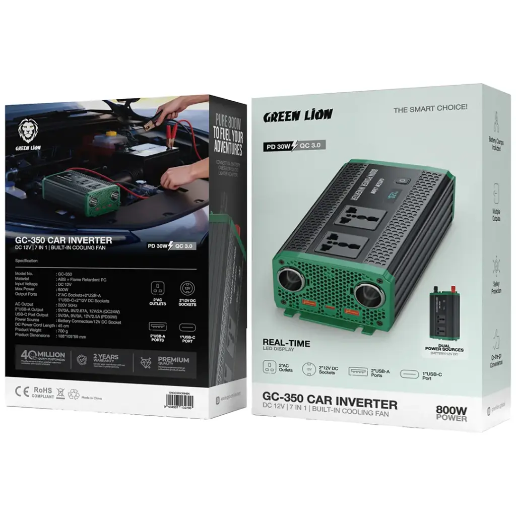 Green Lion GC-350 Car Inverter 800W DC 12V to AC 220V with 2 AC Sockets