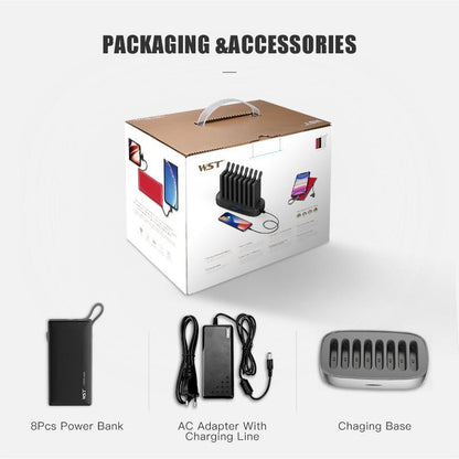 WST Power Bank Station 8PCS 8000mAh – Multi Power Bank Charging Station with Built-in Type-C, Micro USB & Lightning Cables
