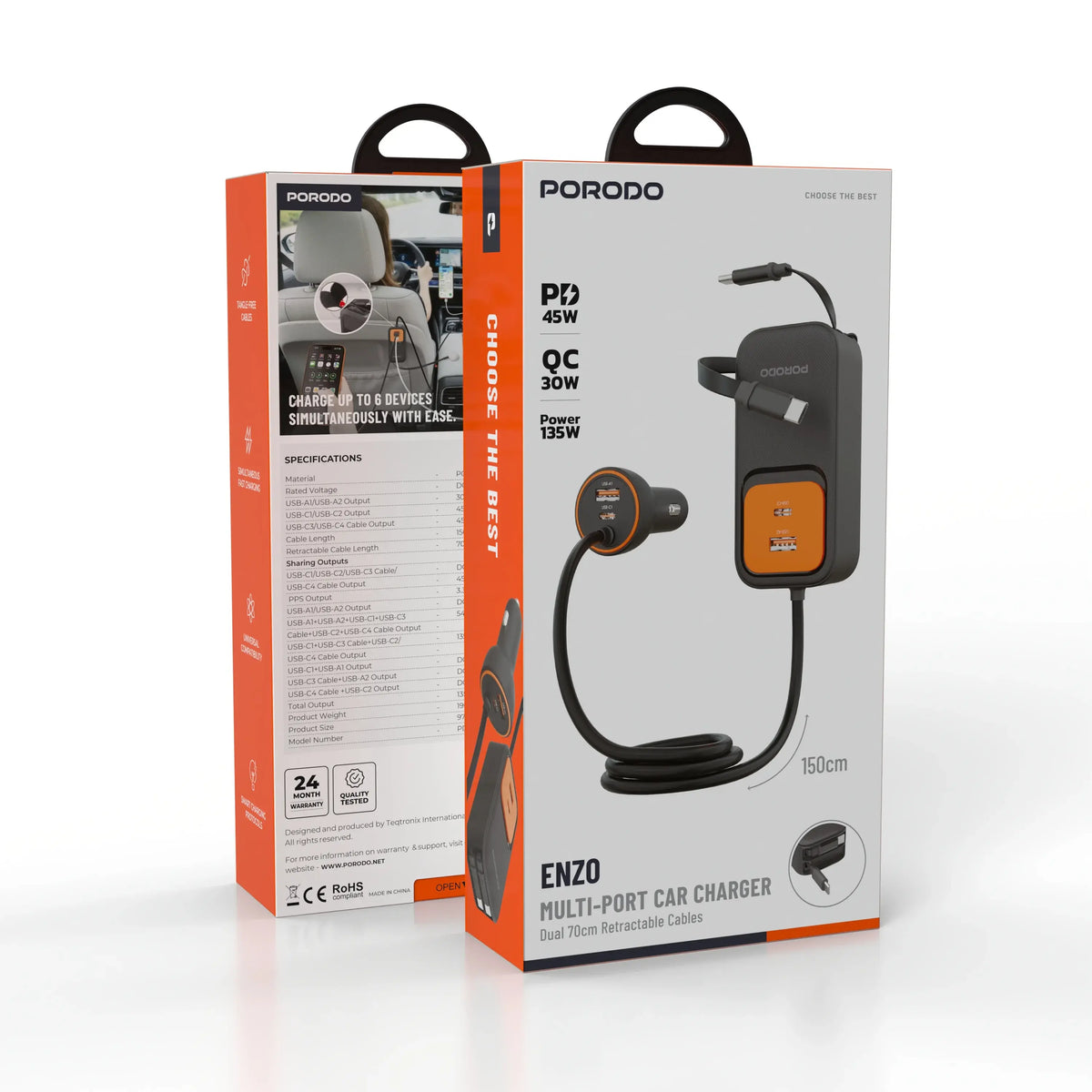 Porodo ENZO Multi-Port Car Charger 135W with Dual 70cm Retractable Cables