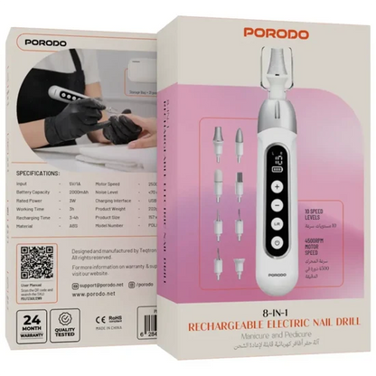 Porodo 8-in-1 Electric Nail Drill Rechargeable with 9 Bits for Manicure and Nail Care
جهاز حفر أظافر كهربائي Porodo ‏8 في 1 قابل لإعادة الشحن مع 9 رؤوس للعناية بالأظافر